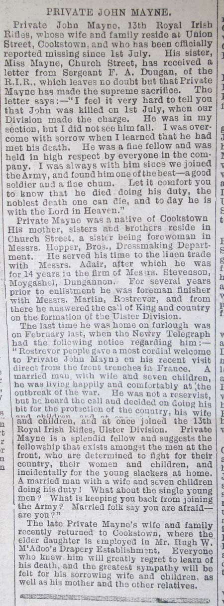 Mid Ulster Mail dated Saturday 19th August 1916:
