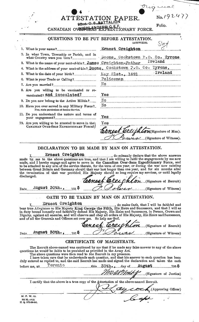 Canadian Attestion Papers - Ernest Creighton 1/2