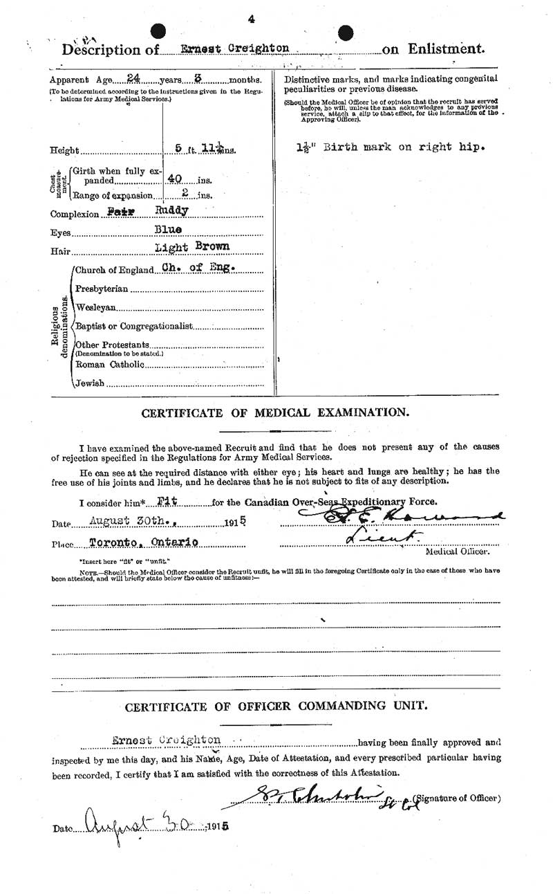 Canadian Attestion Papers - Ernest Creighton 2/2