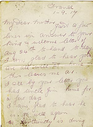 Letter from George Greer  to his mother 1/6 1 Sept 1917