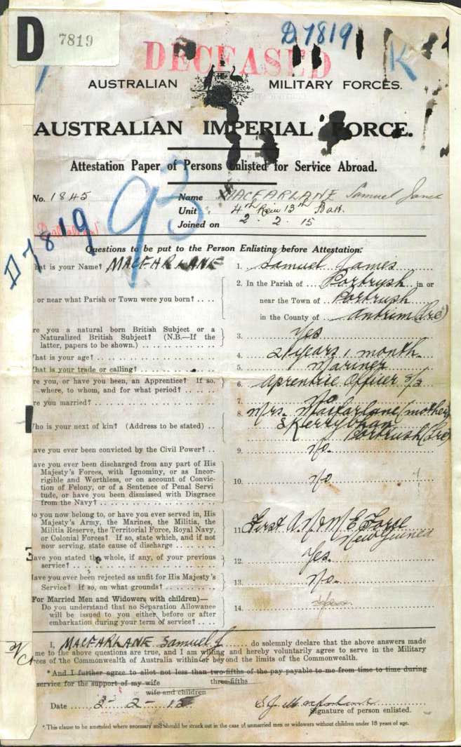 Samuel James MacFarlane Attestation Papers