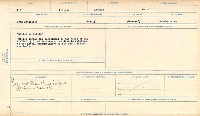 Charles Daniel medal card