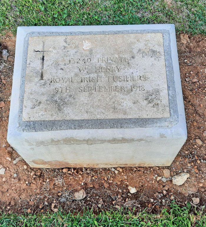 Private William Henry is buried in Bralo British Cemetery, Greece